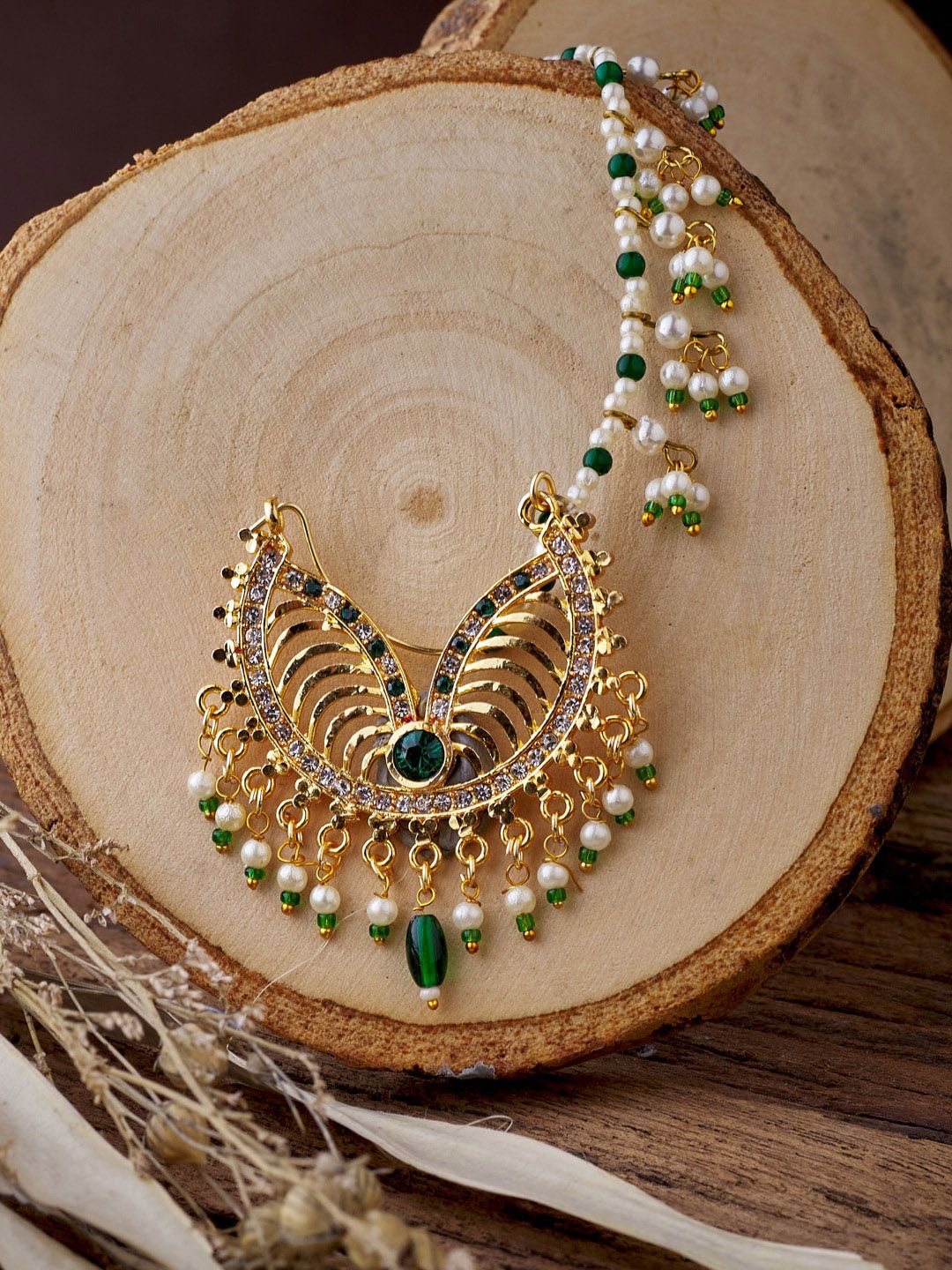 ATIBELLE Gold-Plated Green Stone Studded Bridal Nose Ring
