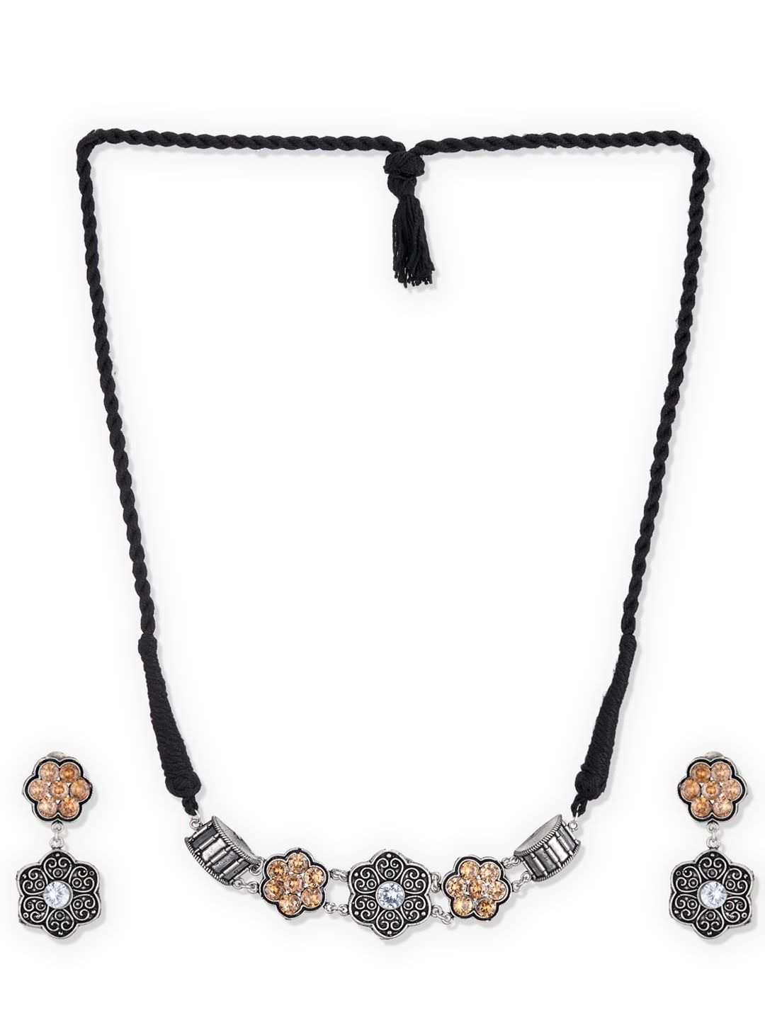 ATIBELLE Silver-Plated & White Floral inspired German Silver Stone-Studded Jewellery Set