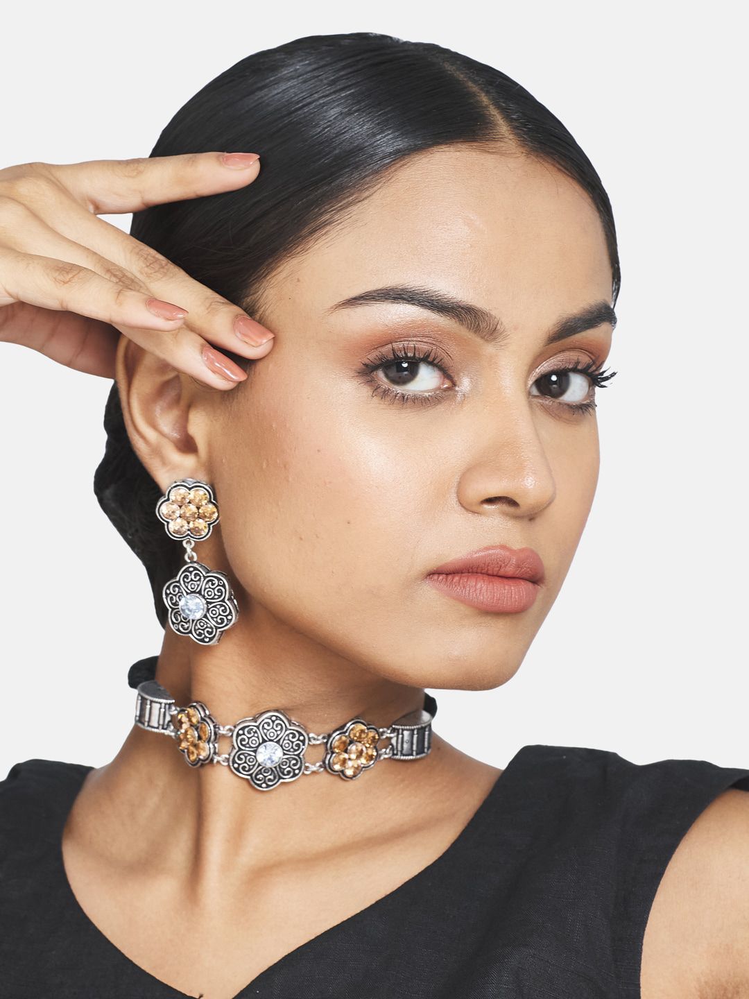 ATIBELLE Silver-Plated & White Floral inspired German Silver Stone-Studded Jewellery Set