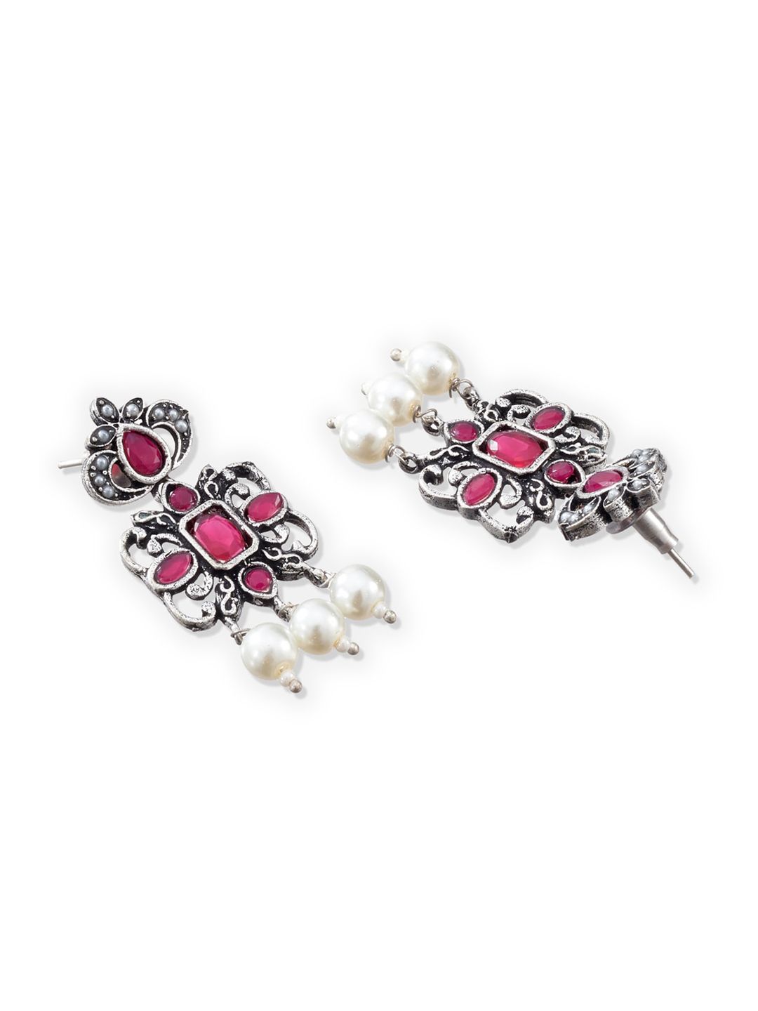 ATIBELLE Oxidised Silver-Plated Maroon & White Stone-Studded & Pearl Beaded Jewellery Set