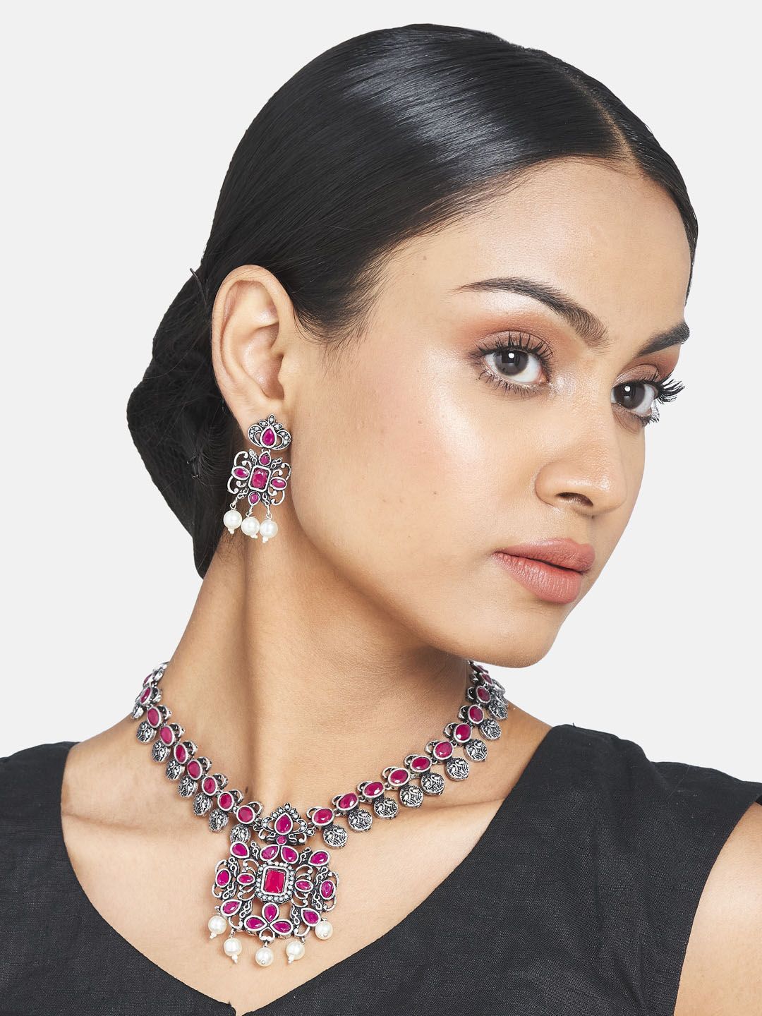 ATIBELLE Oxidised Silver-Plated Maroon & White Stone-Studded & Pearl Beaded Jewellery Set