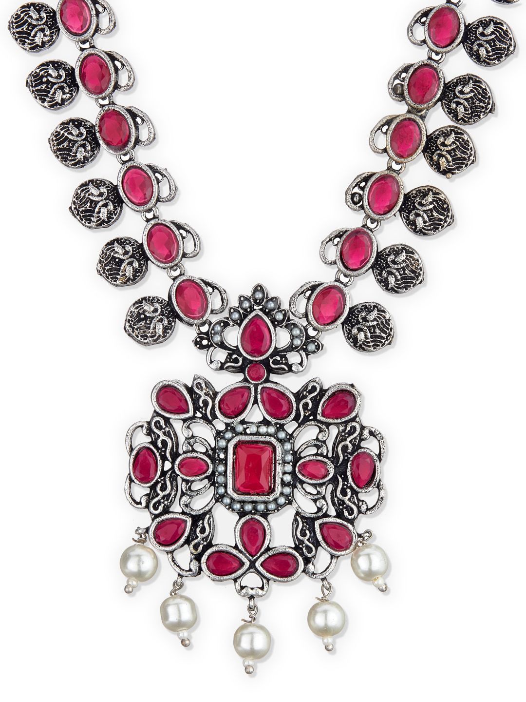 ATIBELLE Oxidised Silver-Plated Maroon & White Stone-Studded & Pearl Beaded Jewellery Set