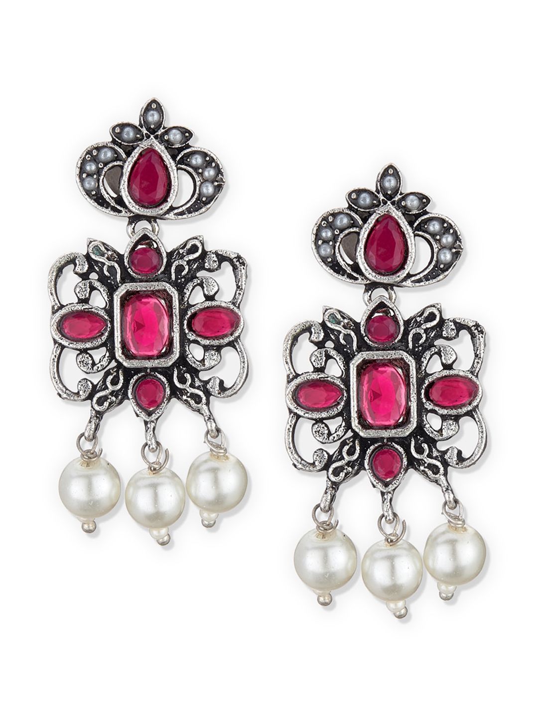 ATIBELLE Oxidised Silver-Plated Maroon & White Stone-Studded & Pearl Beaded Jewellery Set