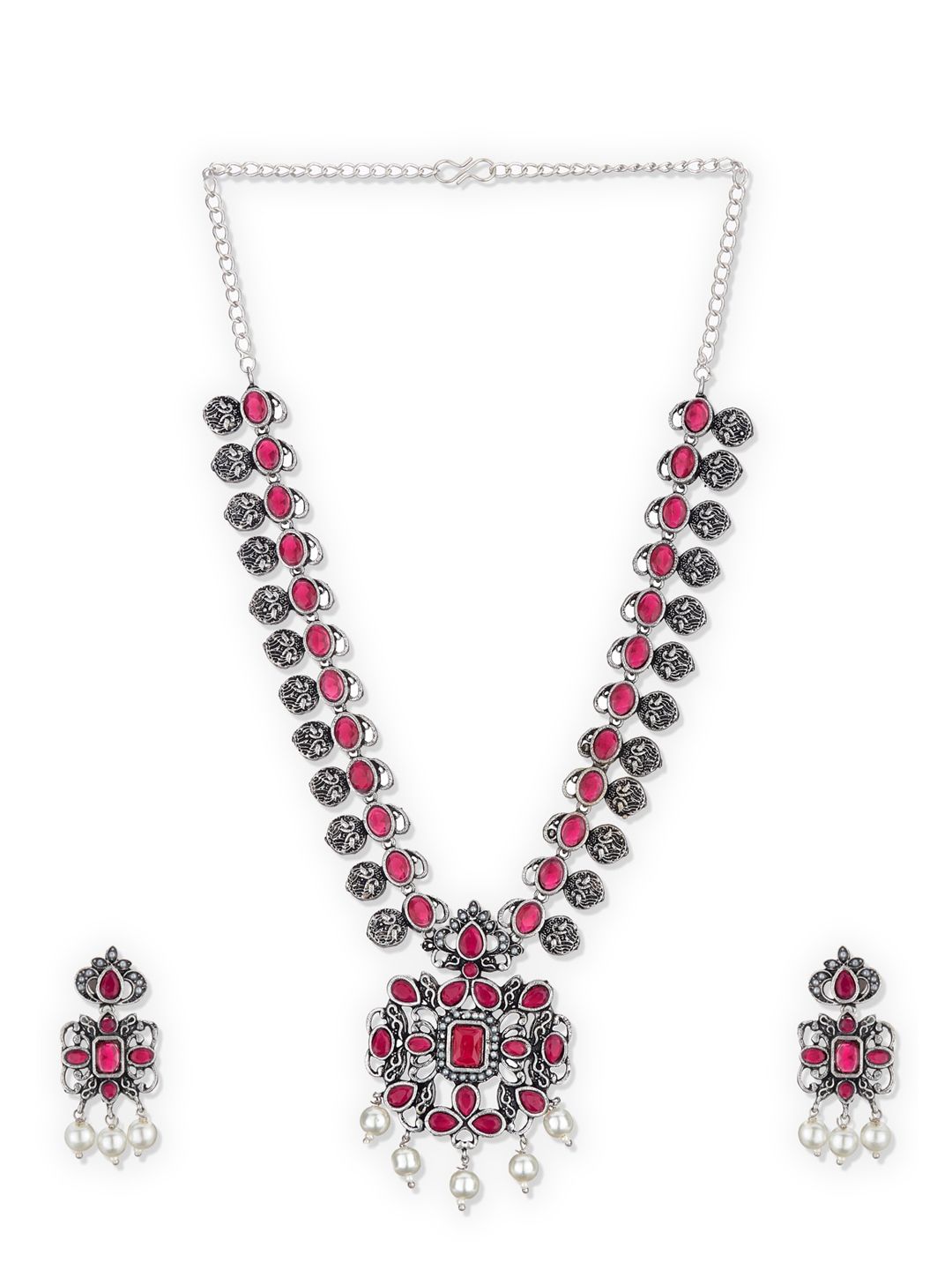ATIBELLE Oxidised Silver-Plated Maroon & White Stone-Studded & Pearl Beaded Jewellery Set