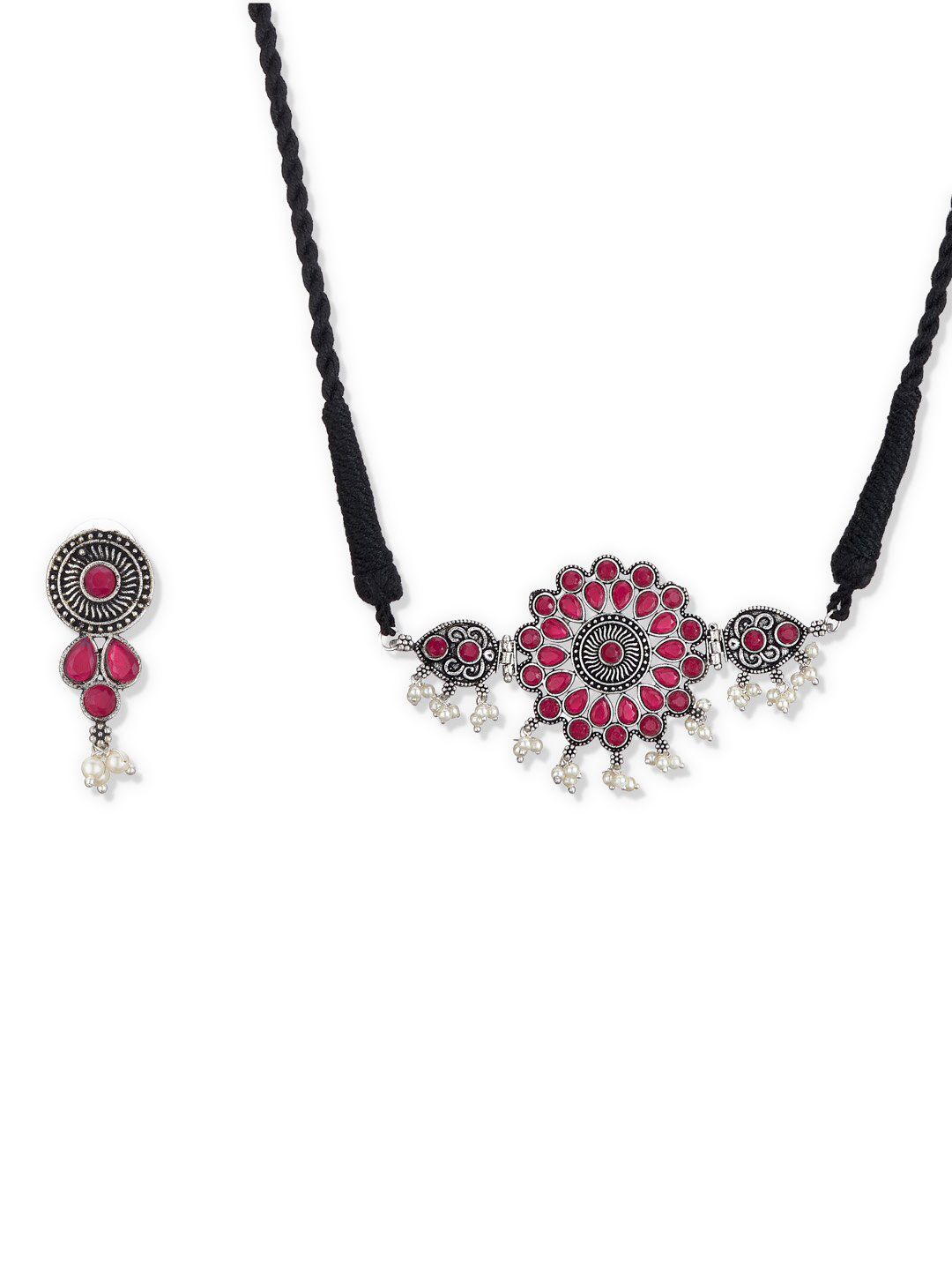 ATIBELLE Oxidised Silver-Plated Maroon & White Stone-Studded & Pearl Beaded Jewellery Set