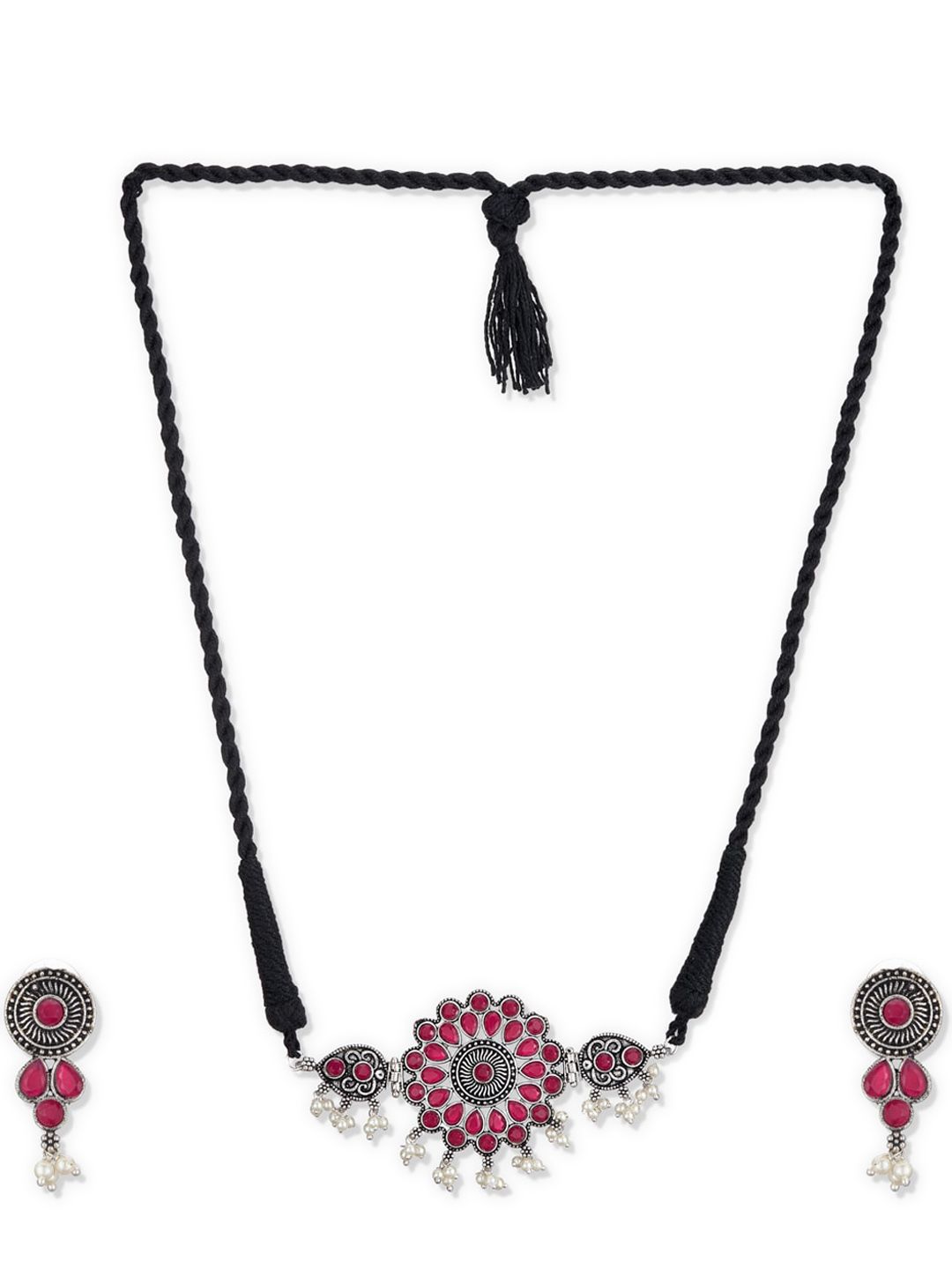 ATIBELLE Oxidised Silver-Plated Maroon & White Stone-Studded & Pearl Beaded Jewellery Set