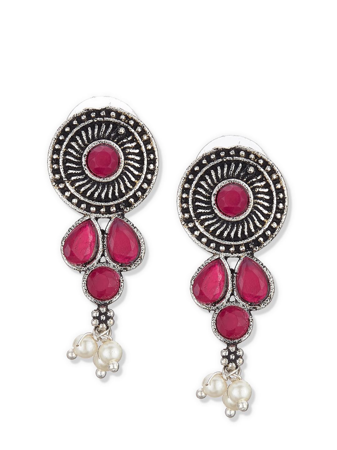 ATIBELLE Oxidised Silver-Plated Maroon & White Stone-Studded & Pearl Beaded Jewellery Set