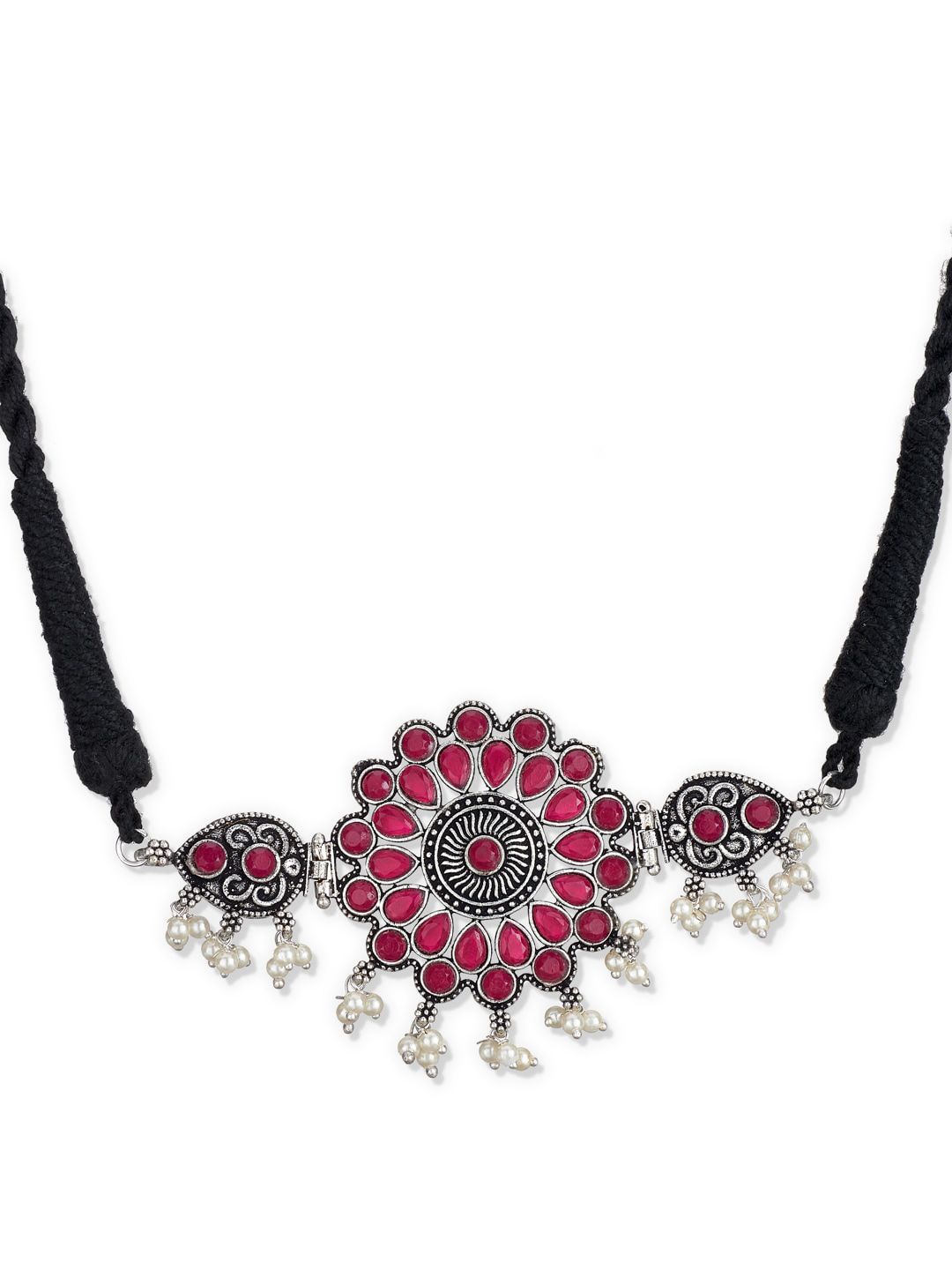 ATIBELLE Oxidised Silver-Plated Maroon & White Stone-Studded & Pearl Beaded Jewellery Set