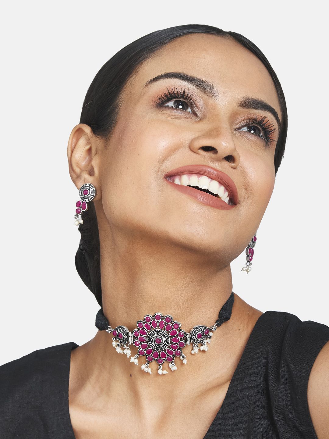 ATIBELLE Oxidised Silver-Plated Maroon & White Stone-Studded & Pearl Beaded Jewellery Set