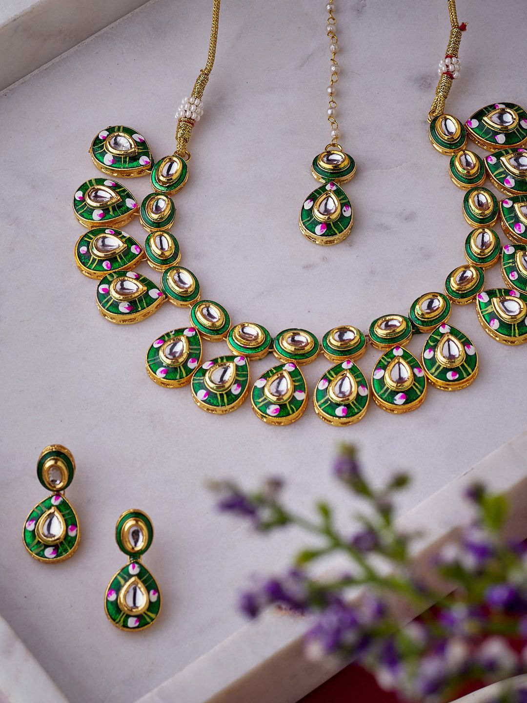 ATIBELLE Gold-Plated Green Kundan-Studded Jewellery Set