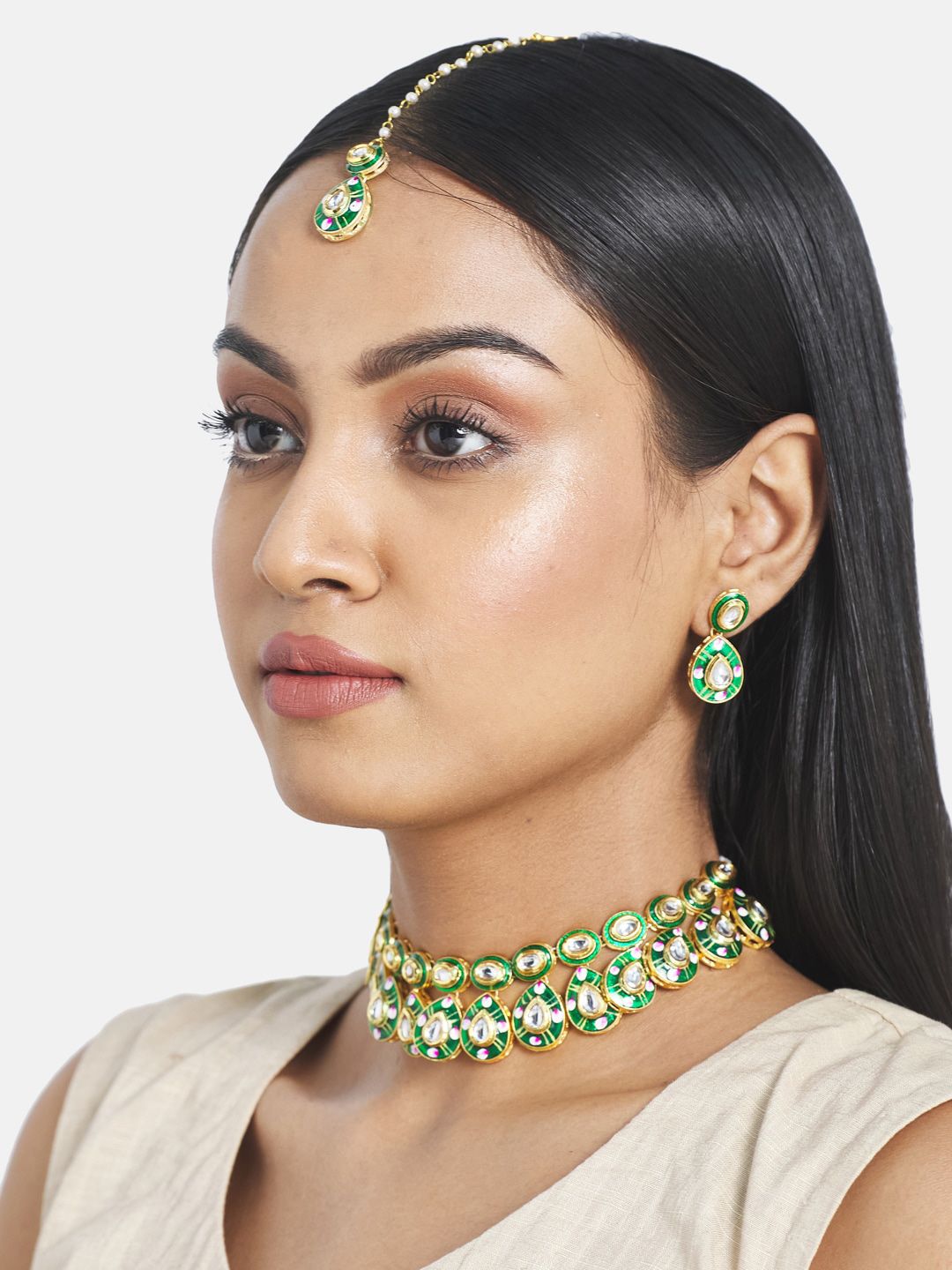 ATIBELLE Gold-Plated Green Kundan-Studded Jewellery Set