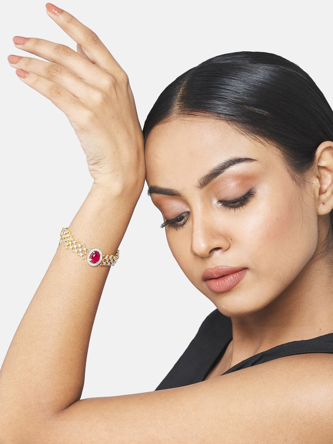 ATIBELLE Women Gold-Plated White & Magenta American Diamond Bracelet