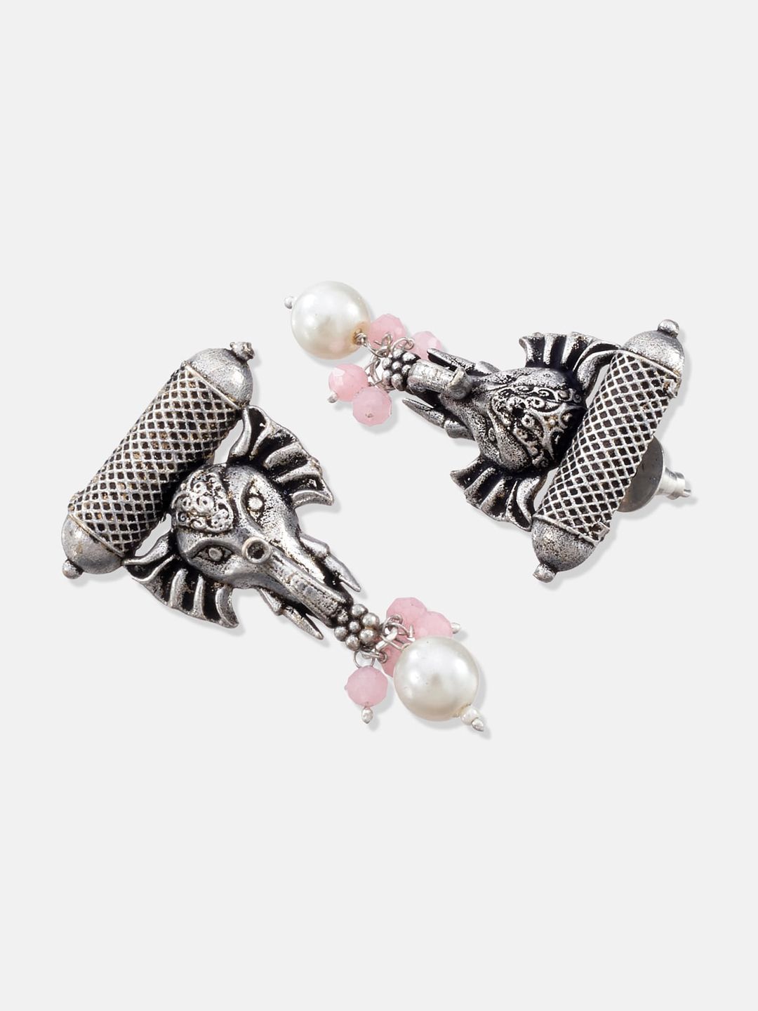 ATIBELLE Silver-Plated Pink & White Stone Studded & Beaded Oxidised Jewellery Set