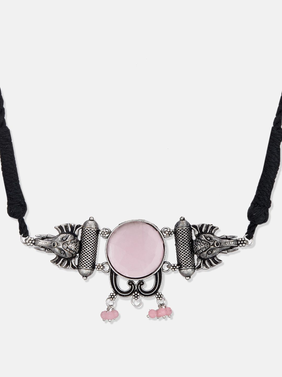 ATIBELLE Silver-Plated Pink & White Stone Studded & Beaded Oxidised Jewellery Set