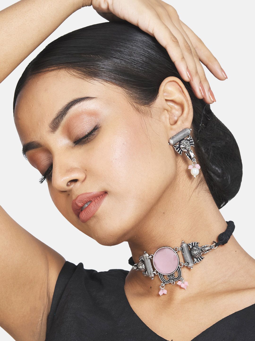 ATIBELLE Silver-Plated Pink & White Stone Studded & Beaded Oxidised Jewellery Set