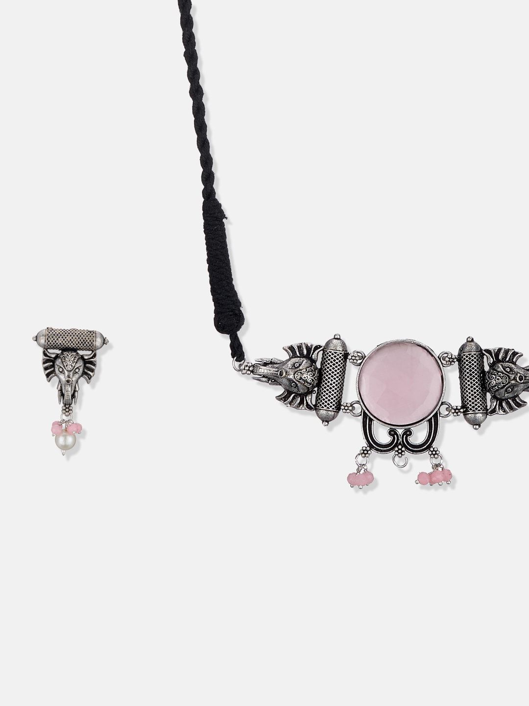 ATIBELLE Silver-Plated Pink & White Stone Studded & Beaded Oxidised Jewellery Set