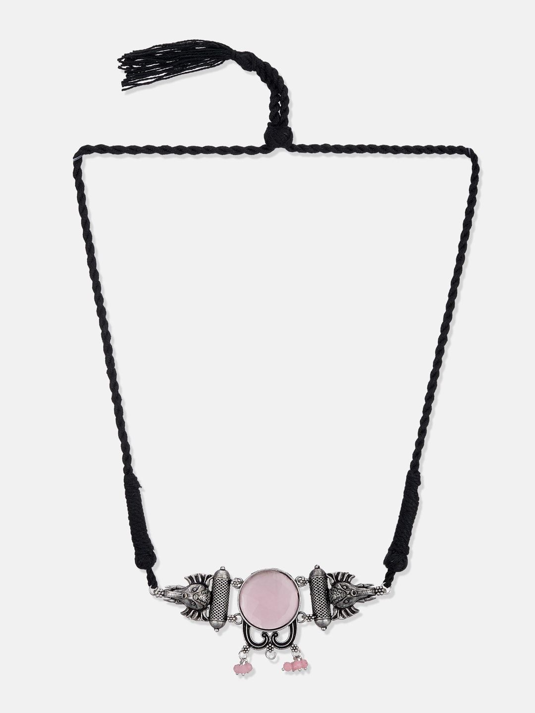 ATIBELLE Silver-Plated Pink & White Stone Studded & Beaded Oxidised Jewellery Set