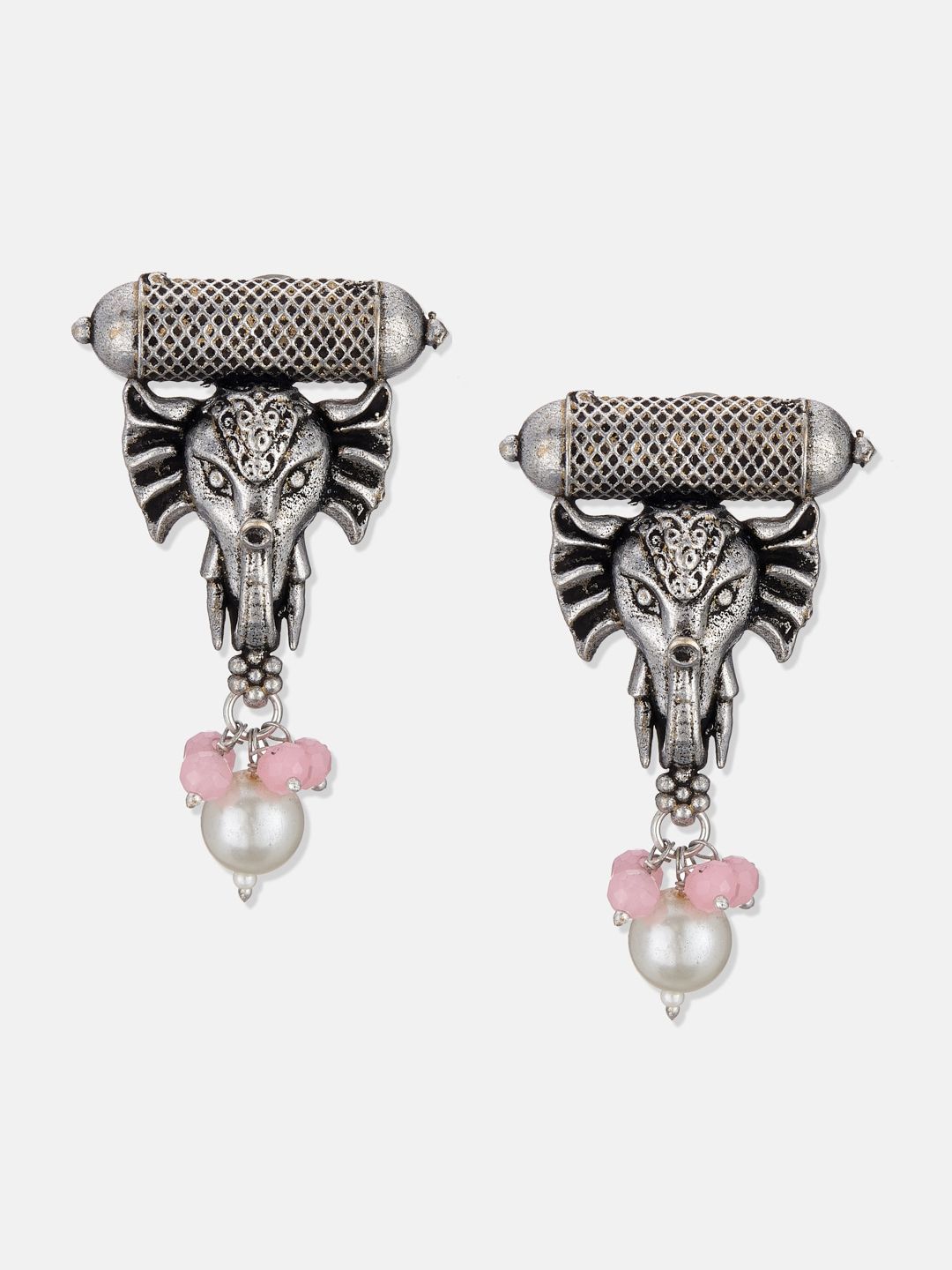 ATIBELLE Silver-Plated Pink & White Stone Studded & Beaded Oxidised Jewellery Set