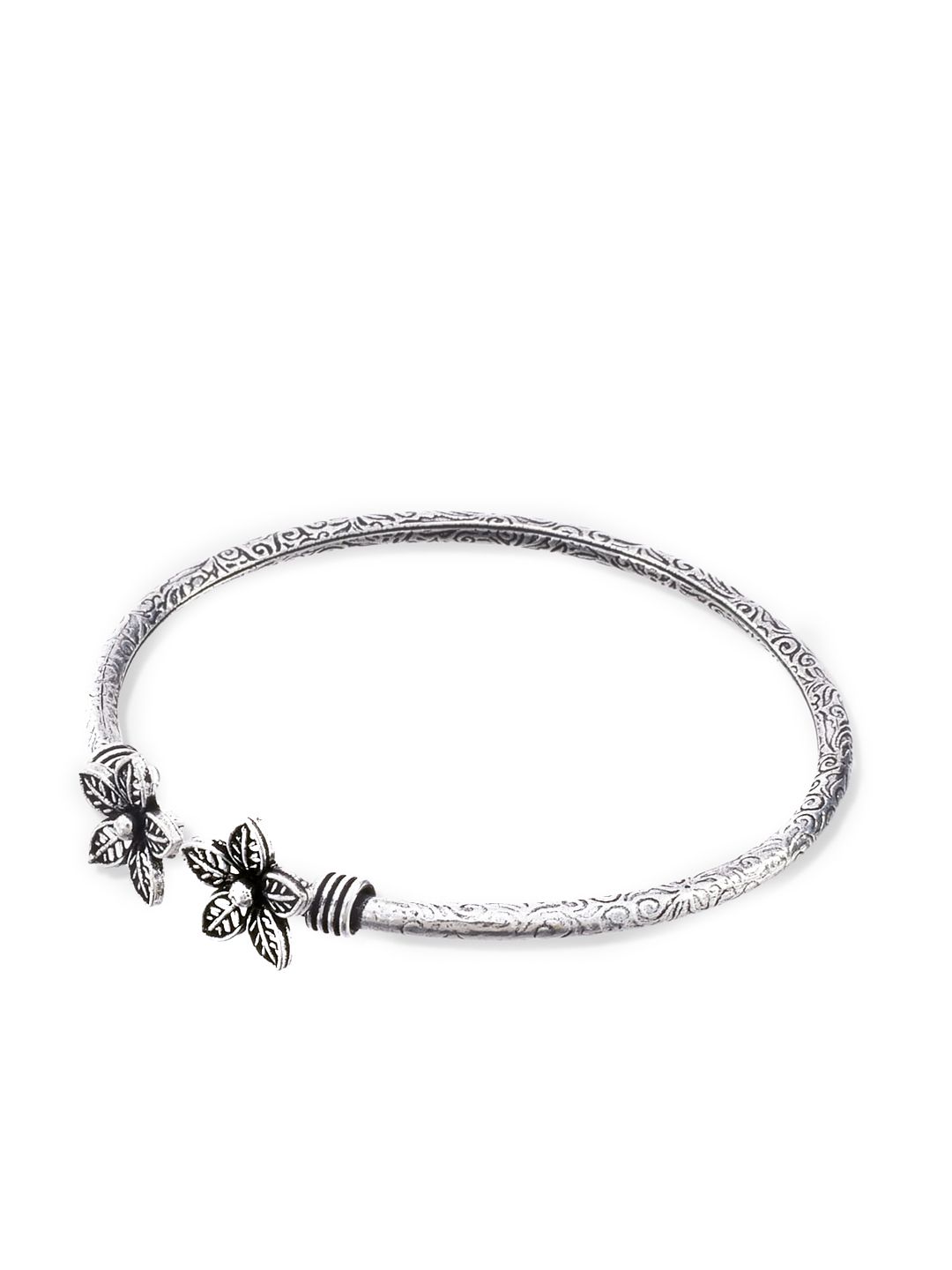 ATIBELLE Women Oxidised Silver-Plated Floral Kada Bangle