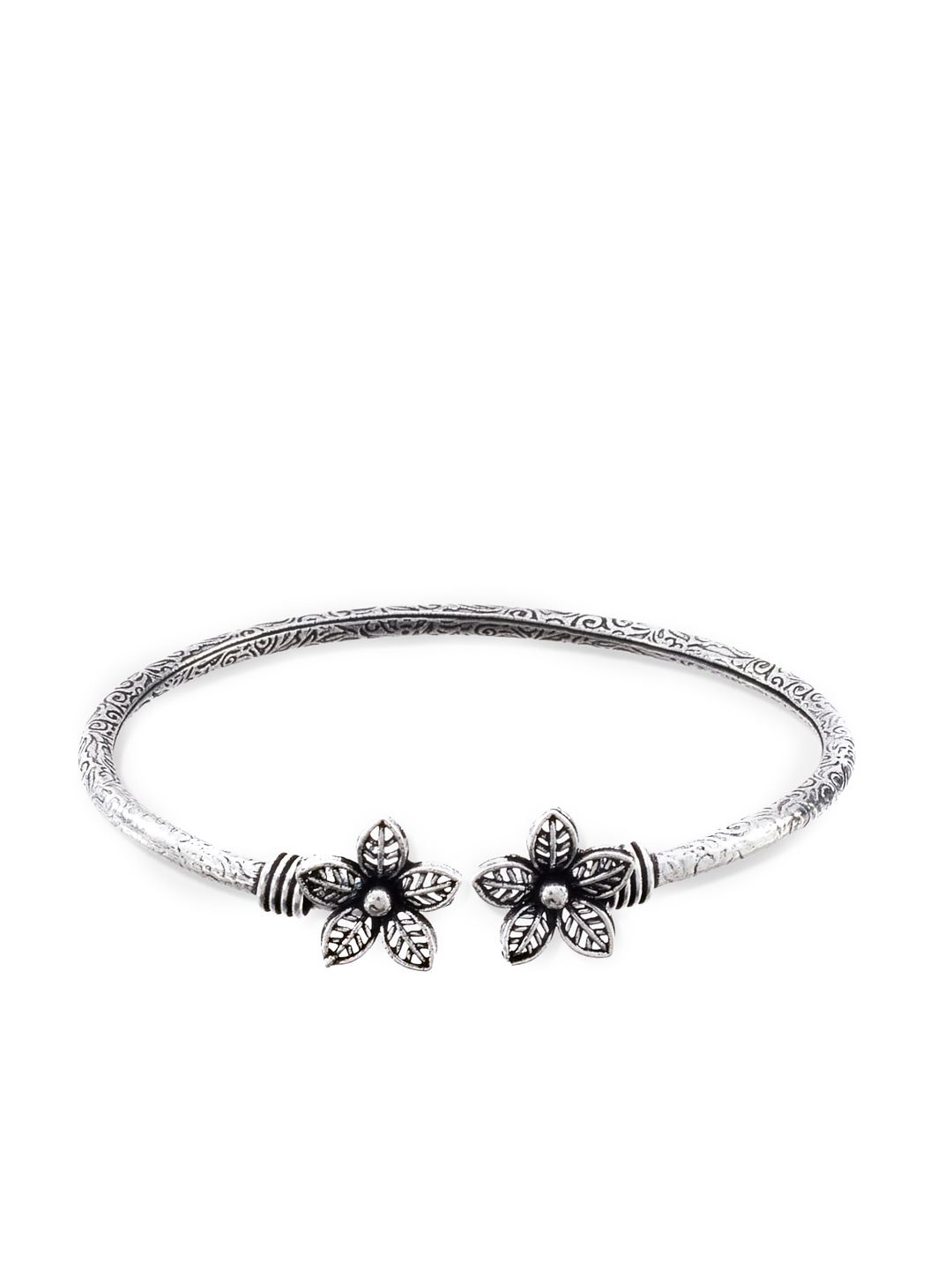 ATIBELLE Women Oxidised Silver-Plated Floral Kada Bangle