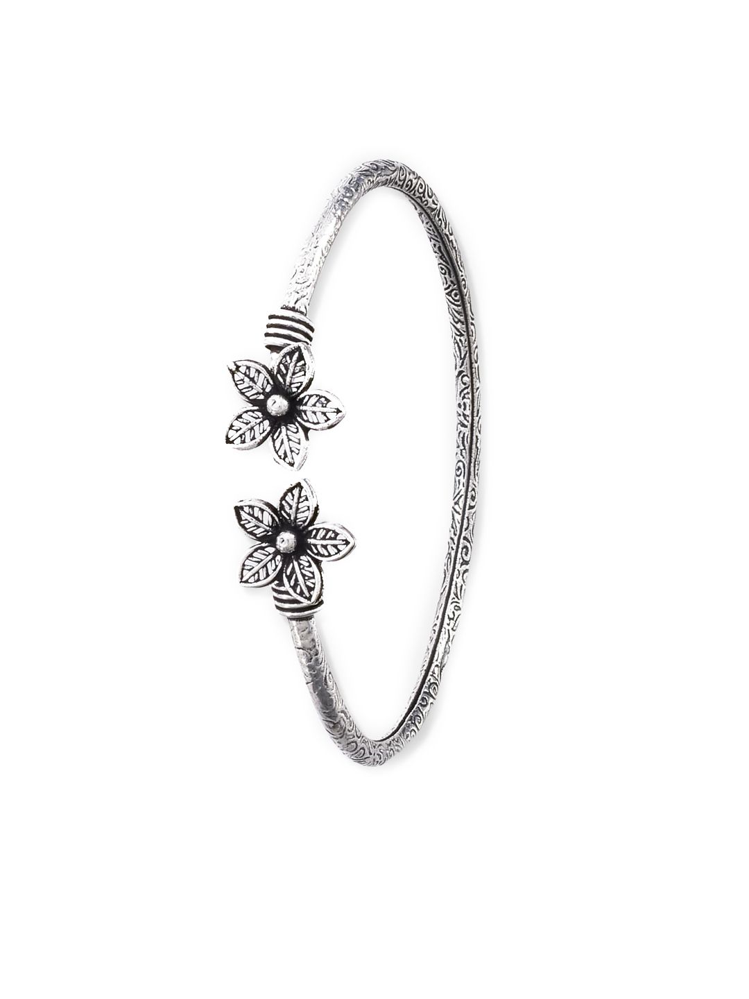 ATIBELLE Women Oxidised Silver-Plated Floral Kada Bangle