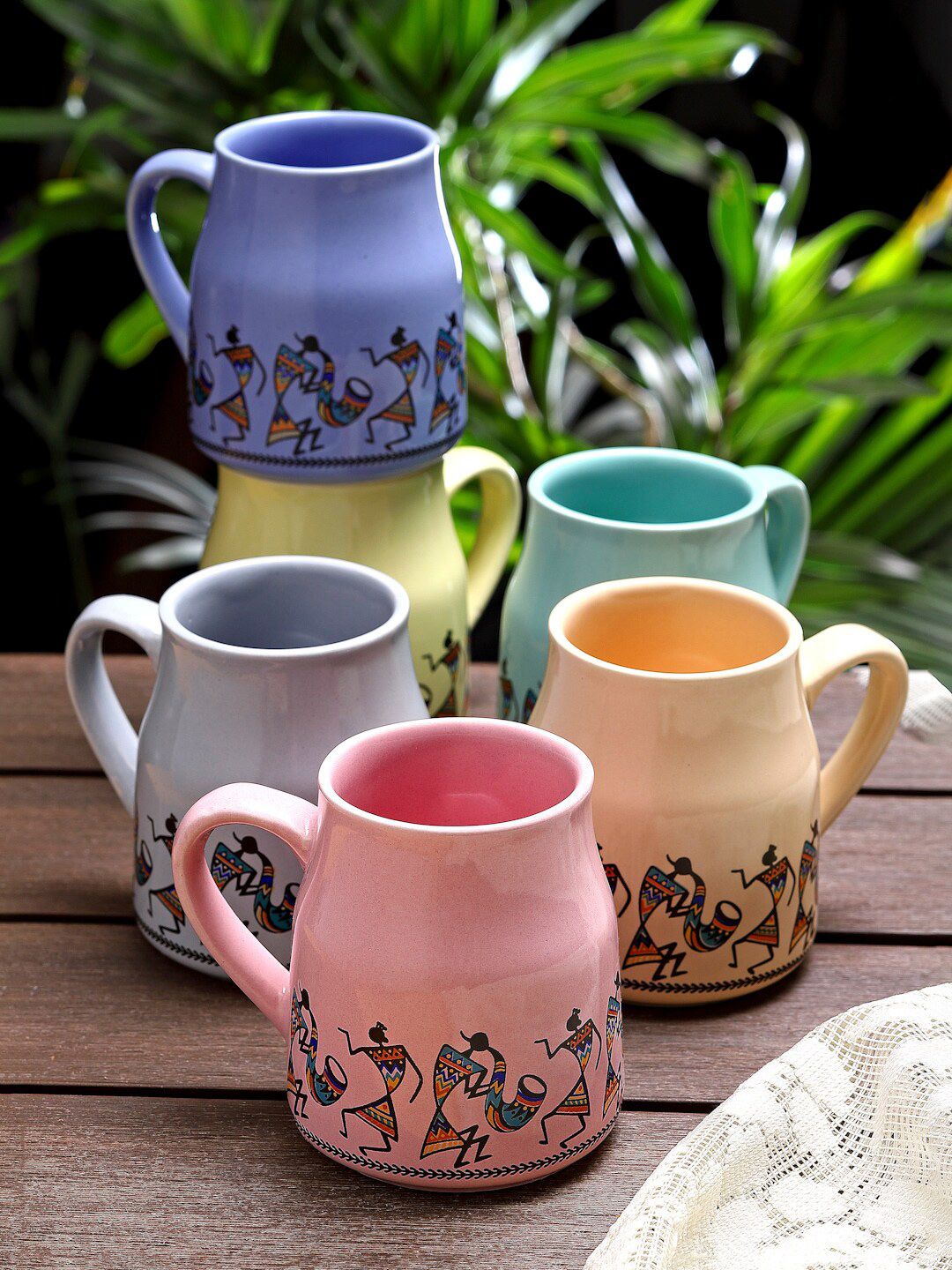 Arrabi Yellow & Purple Set of 6 Printed Ceramic Glossy Cups-image-0