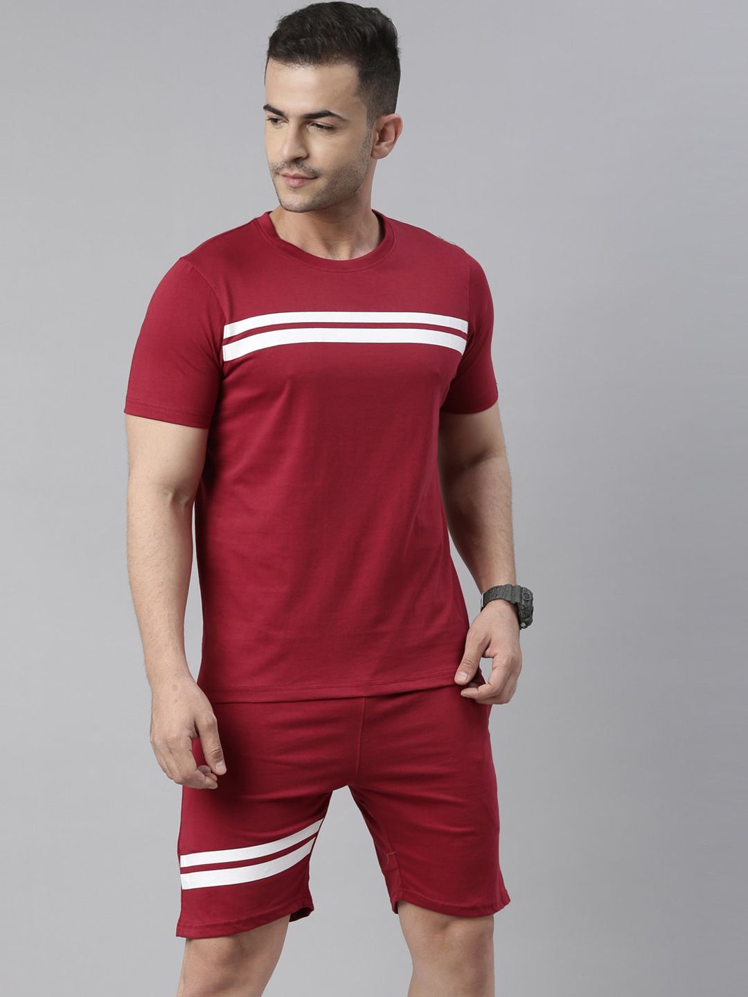 Bushirt Men Maroon & White Striped Night Suit-picture-42