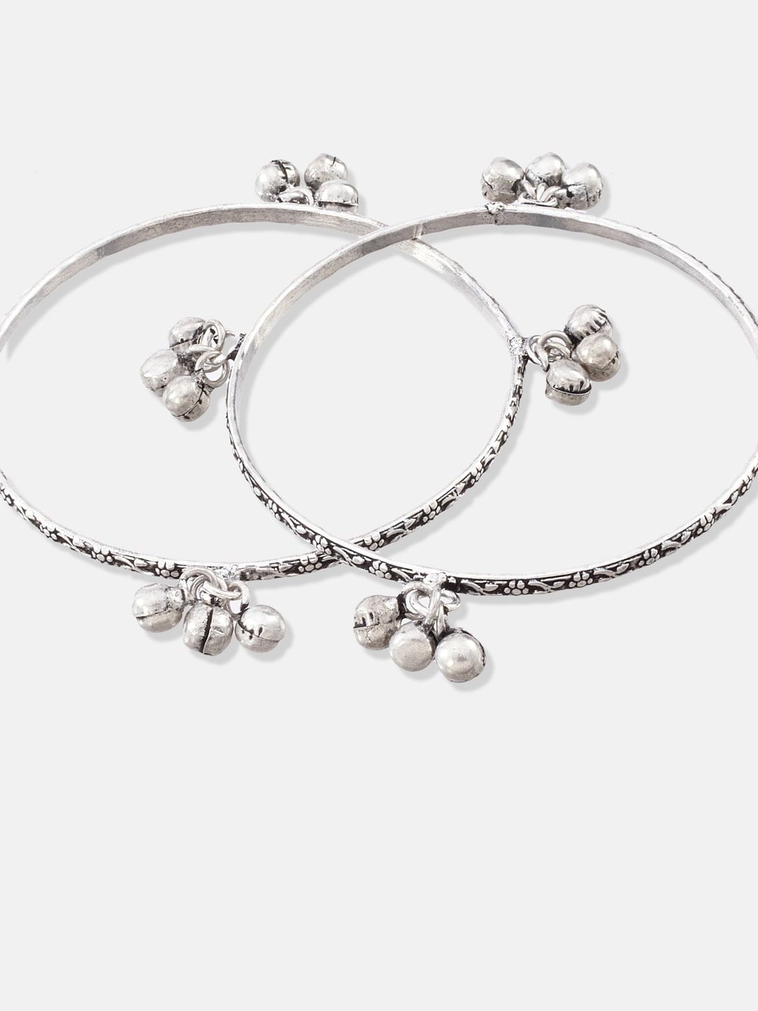 ATIBELLE Set Of 2 Oxidised Silver-Plated Textured Bangles With Ghungroo