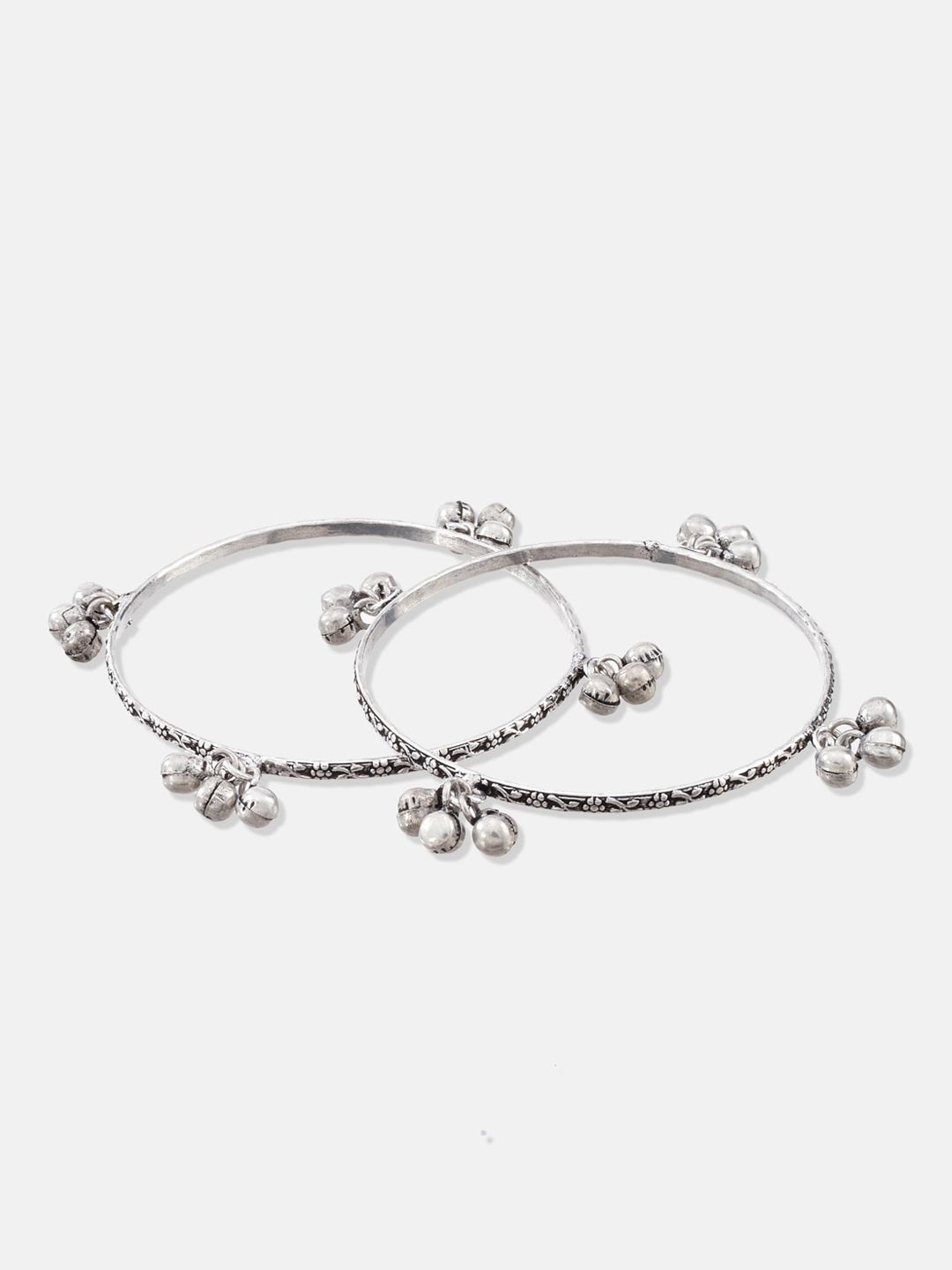 ATIBELLE Set Of 2 Oxidised Silver-Plated Textured Bangles With Ghungroo