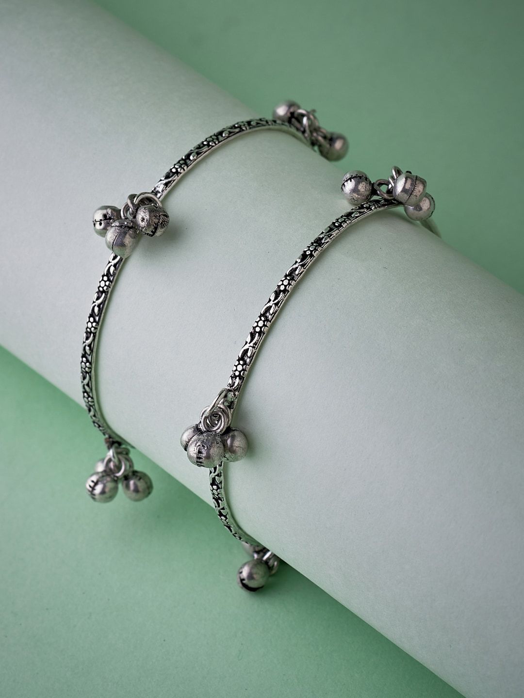 ATIBELLE Set Of 2 Oxidised Silver-Plated & Textured Ghungroo Bangles