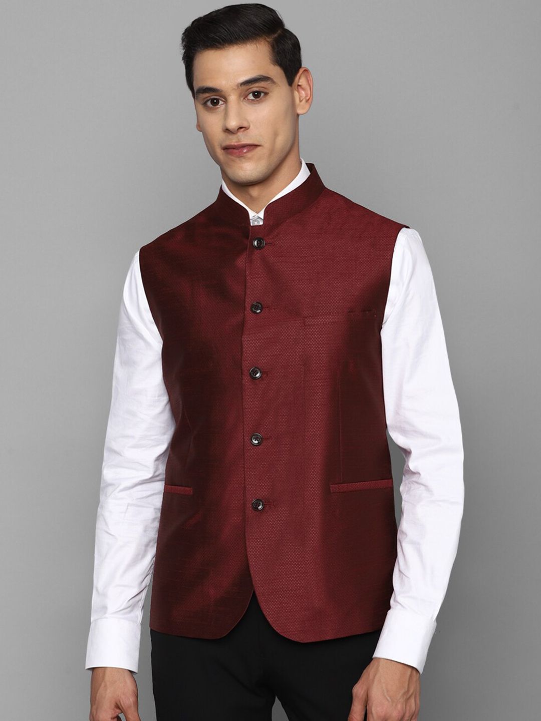 Allen Solly Men Maroon Woven Design Nehru Jacket-picture-13