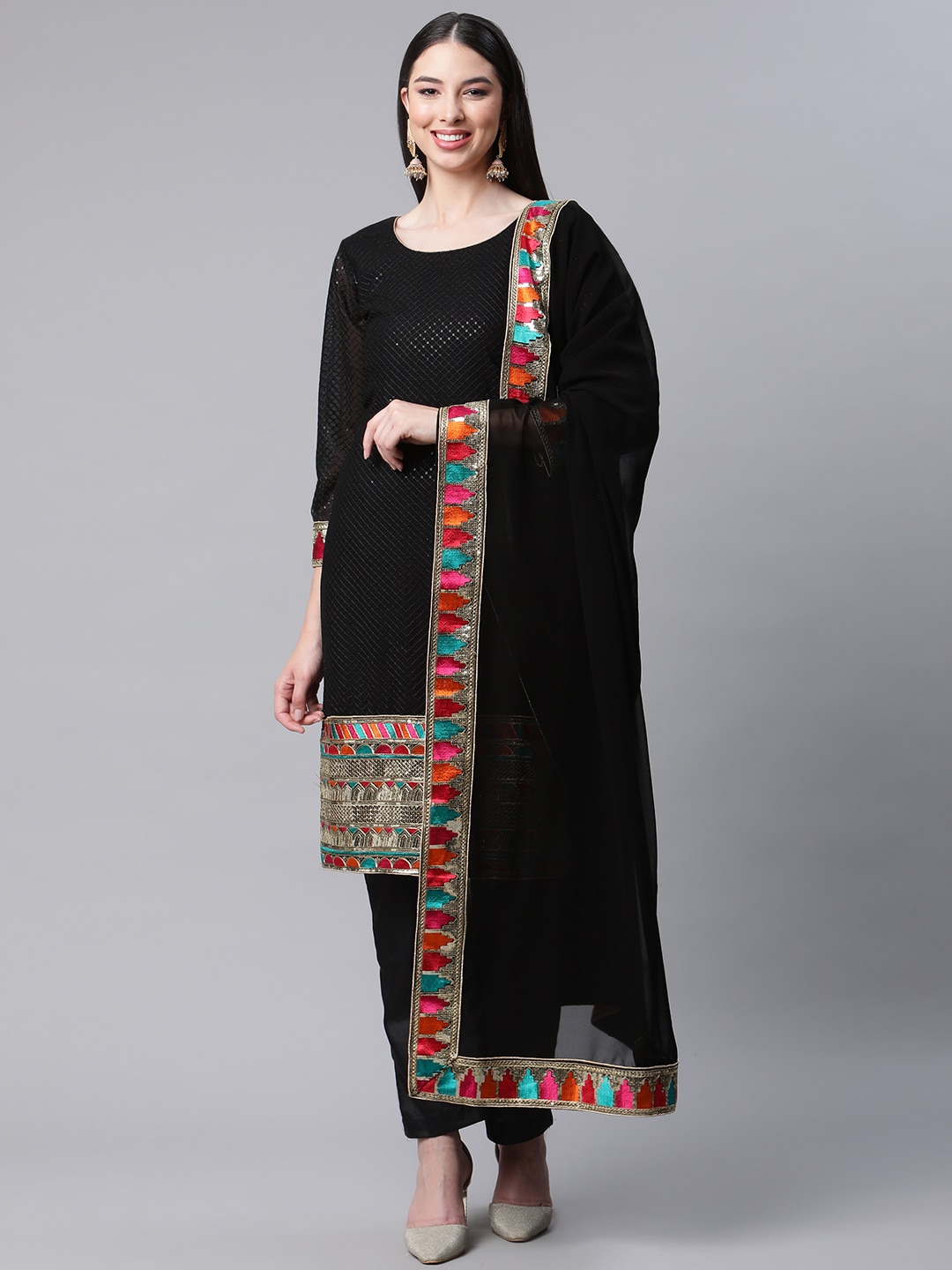 Readiprint Fashions Black Embroidered Semi-Stitched Dress Material