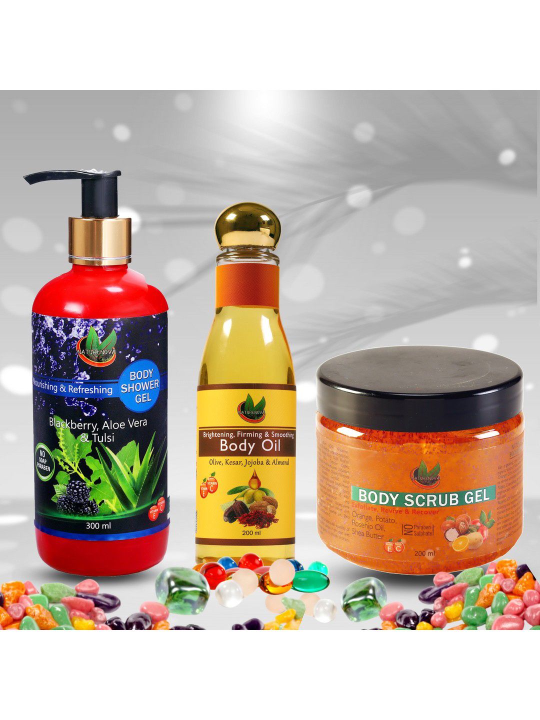 NatureNova Herbals Bath & Body Combo -Shower Gel 300ml - Body Scrub 200ml - Body Oil 100ml-image-10