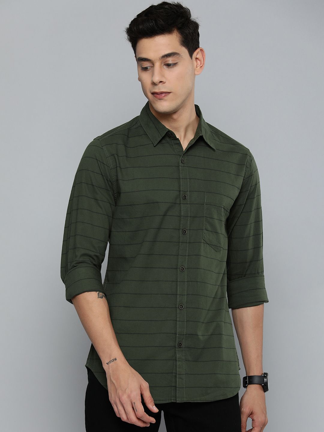 Harvard Men Green & Black Horizontal Stripes Striped Casual Pure Cotton Shirt-image-46