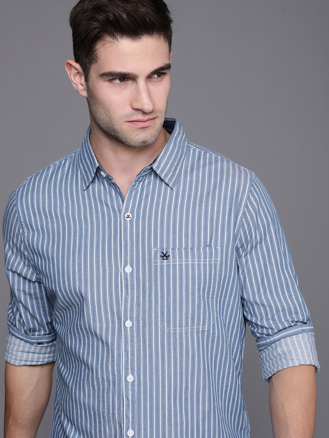 WROGN Men Blue & Off White Stripes Slim Fit Casual Shirt-picture-12