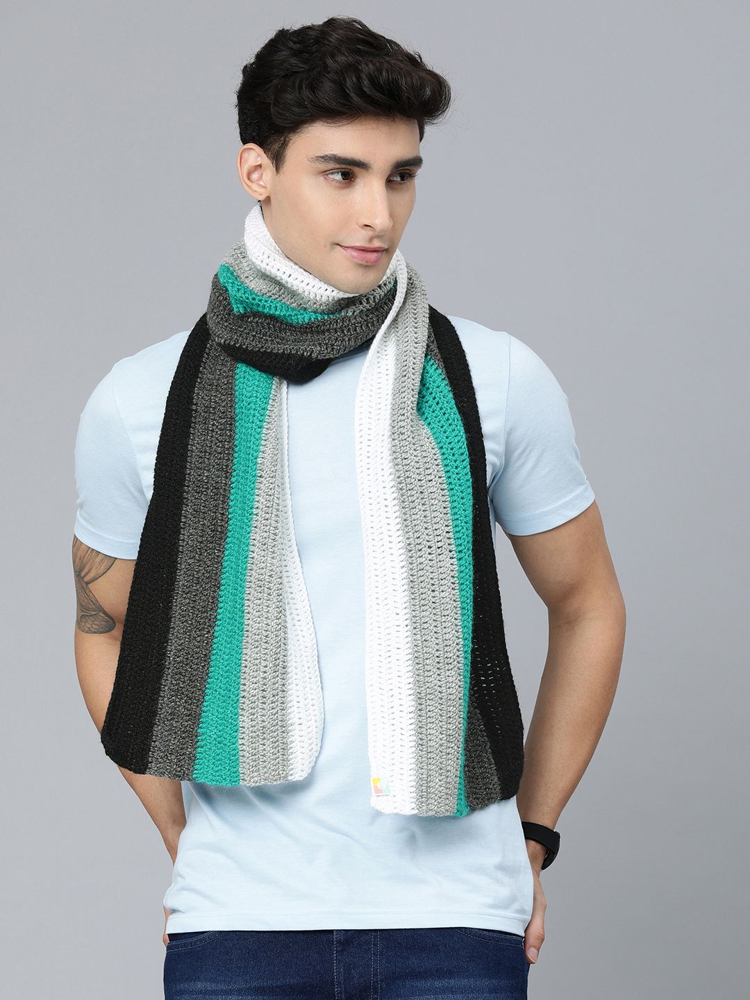 Magic Needles Men Black & Green Striped Handmade Mufflers-picture-31
