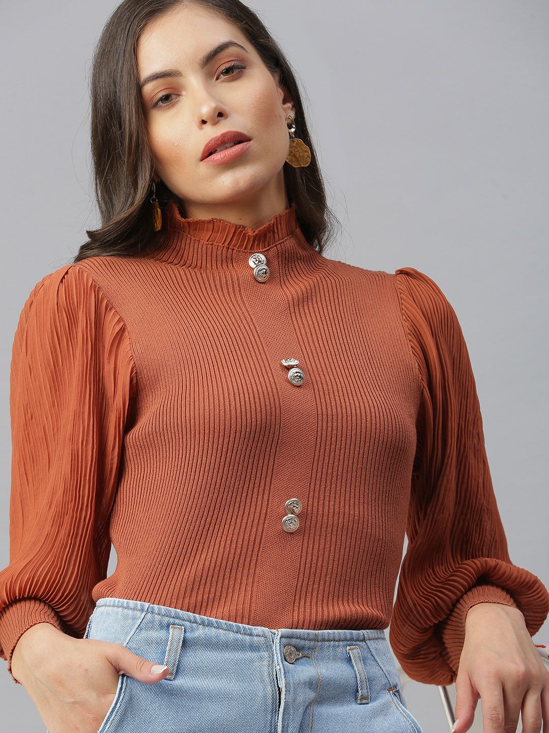 SHOWOFF Brown Accordion Pleats Top-picture-13