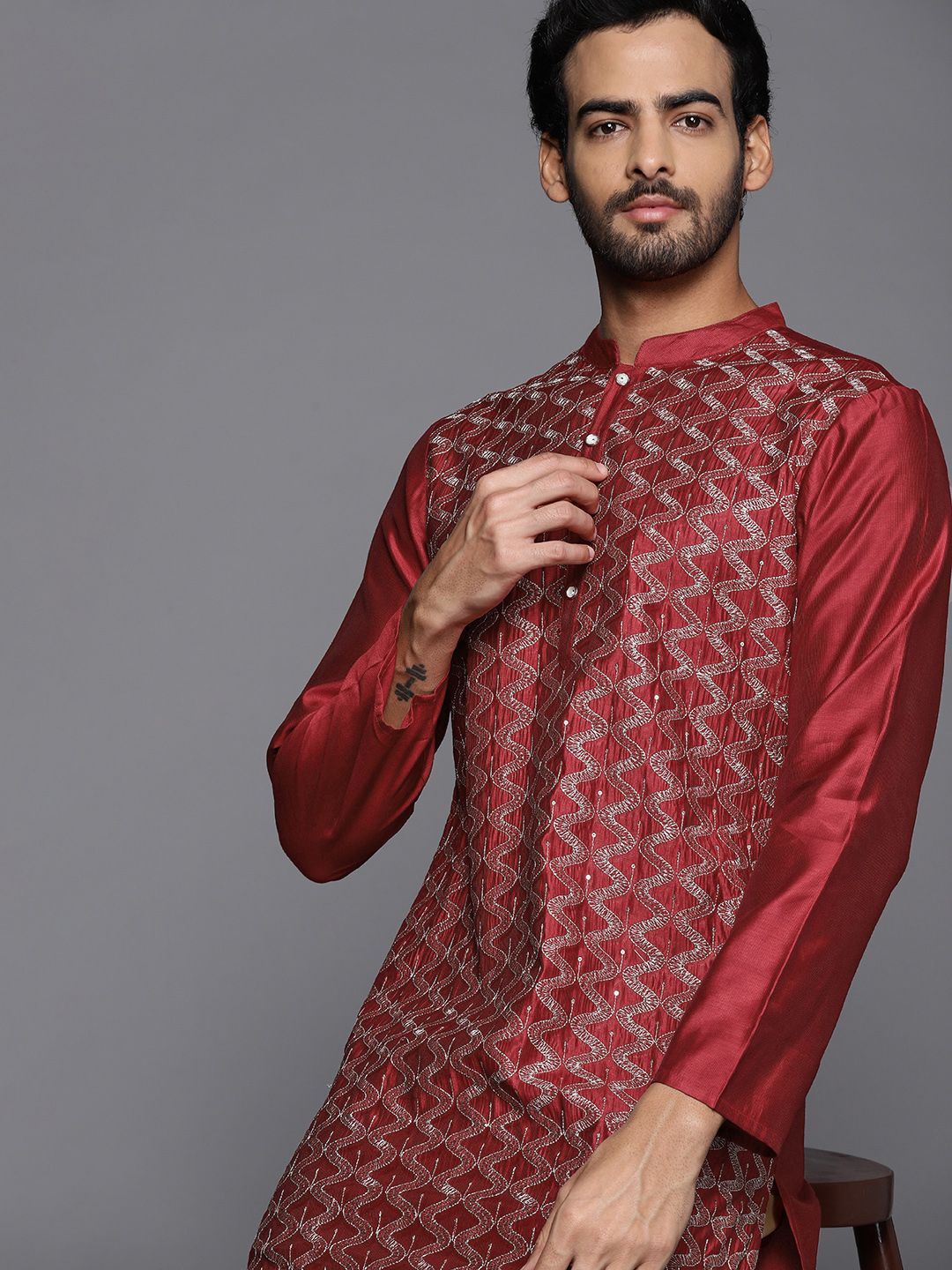 Indo Era Men Red & Gold-Toned Liva Kurta-image-13