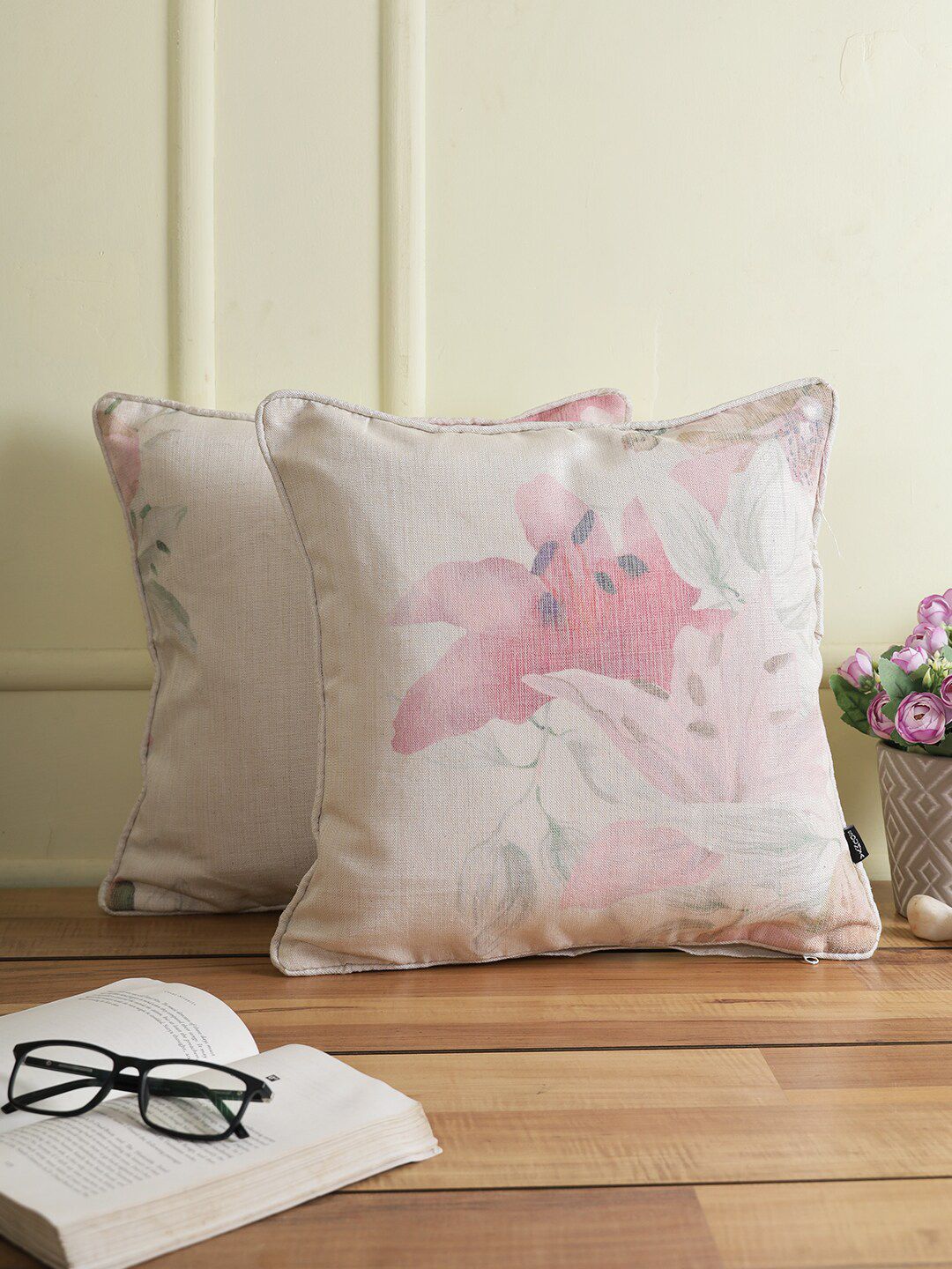 Soumya Pink & White Set of 2 Floral Square Cushion Covers-picture-46