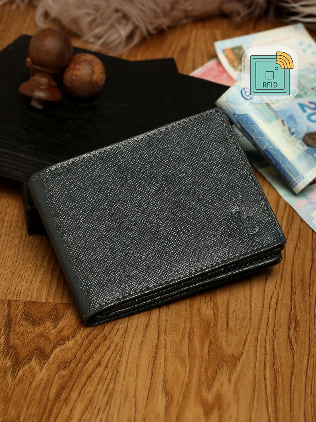 LOUIS STITCH Men Grey & Black Zip Detail Leather Two Fold Wallet-picture-34