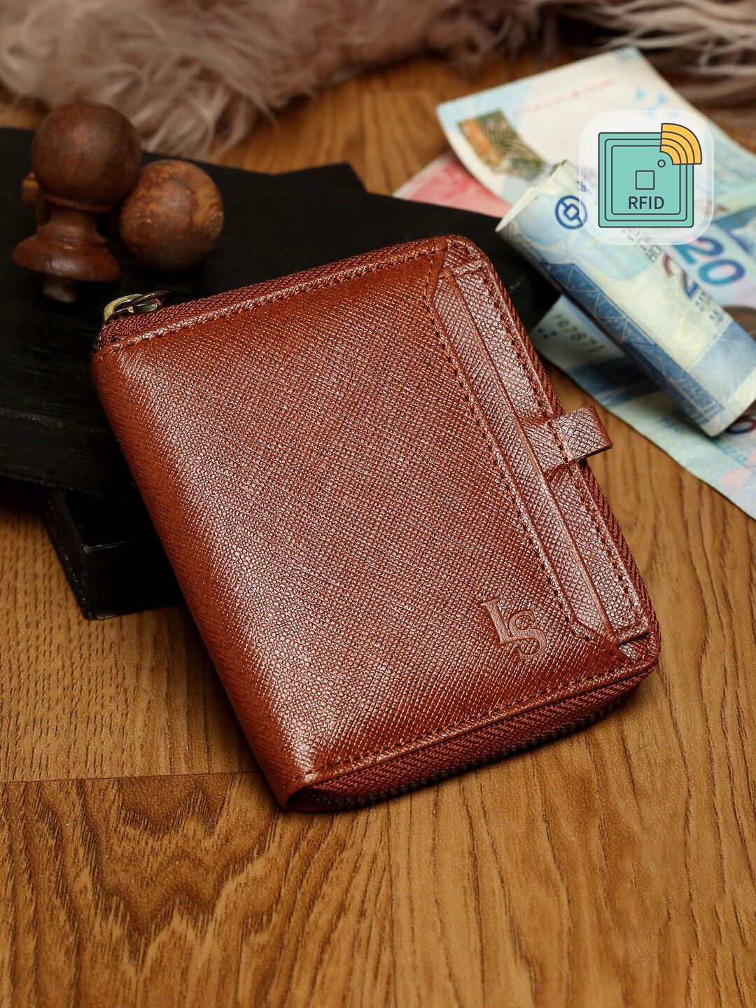 LOUIS STITCH Men Brown Zip Detail Leather Zip Around Wallet with RFID Features-picture-25