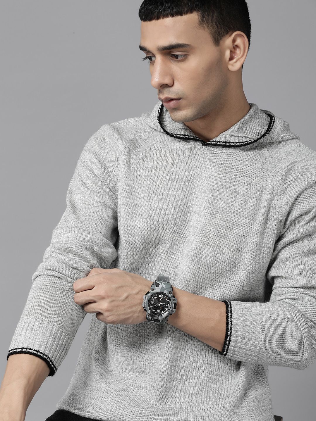 The Roadster Lifestyle Co. Men Grey Melange Acrylic Raglan Sleeves Hooded Pullover-picture-26
