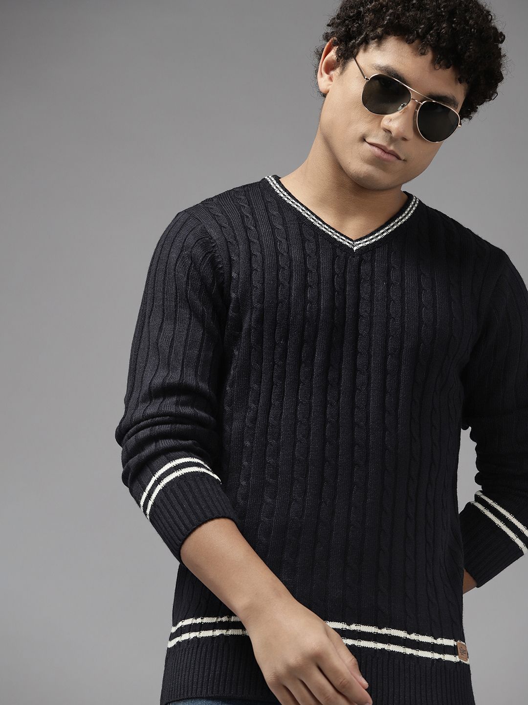 The Roadster Lifestyle Co. Men Navy Blue Acrylic Cable Knit Pullover