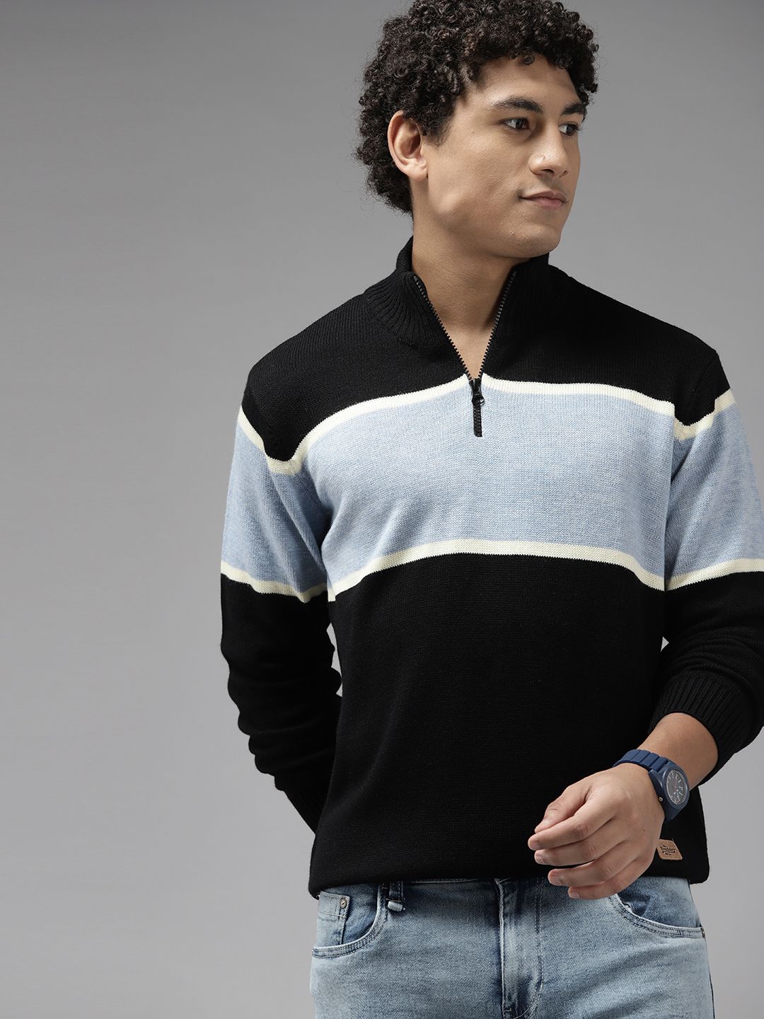 The Roadster Lifestyle Co. Men Black & Blue Acrylic Striped Half-Zipper Pullover-image-30