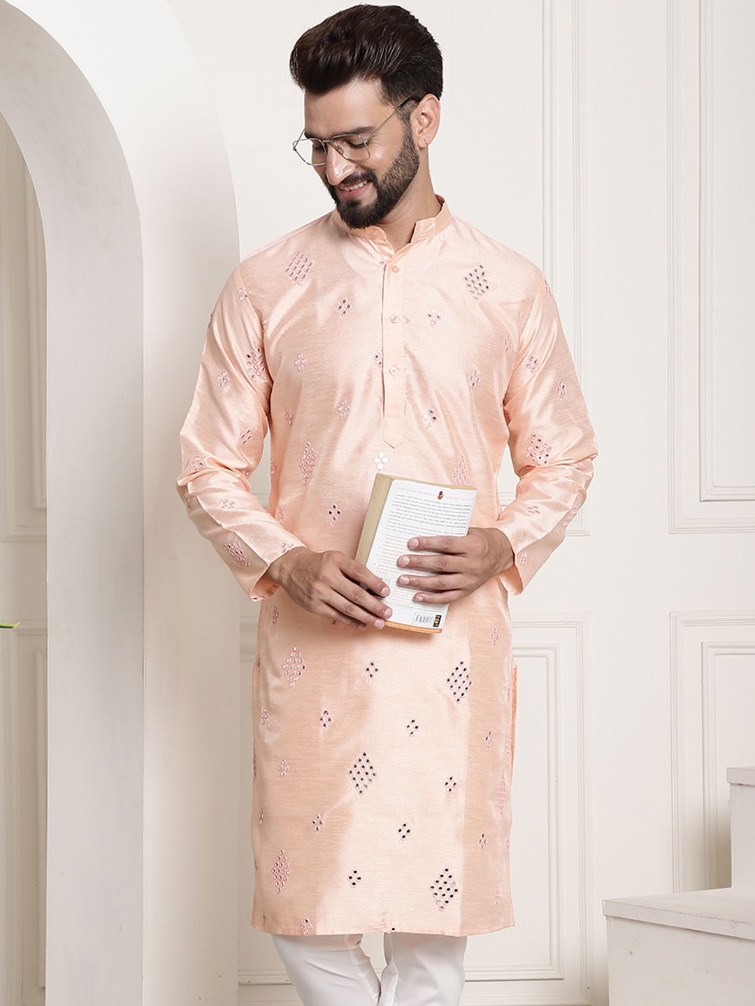 SOJANYA Men Peach-Coloured Embellished Mirror Work Kurta-picture-25