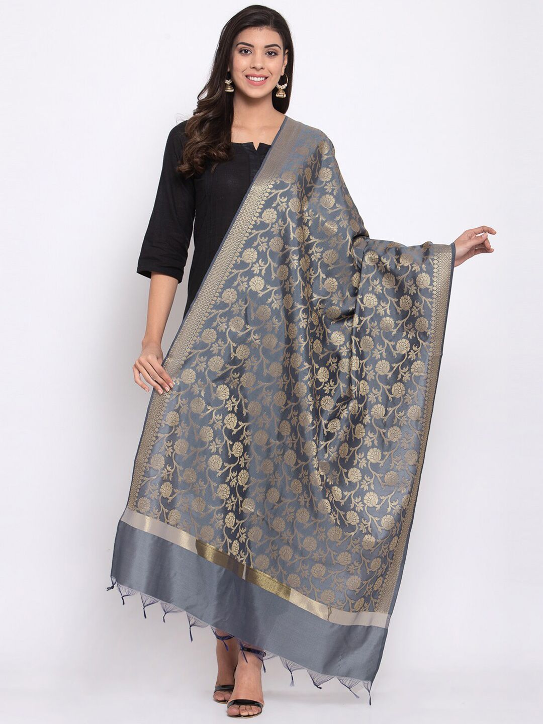 KLOTTHE Grey & Gold-Toned Woven Design Dupatta-picture-31