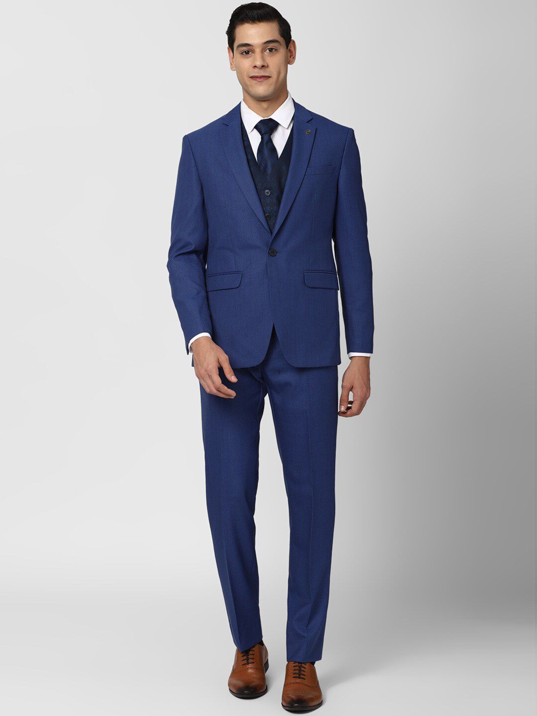 Peter England Elite Men Blue Textured Slim-Fit Single-Breasted Three-Piece Formal Suit-picture-20