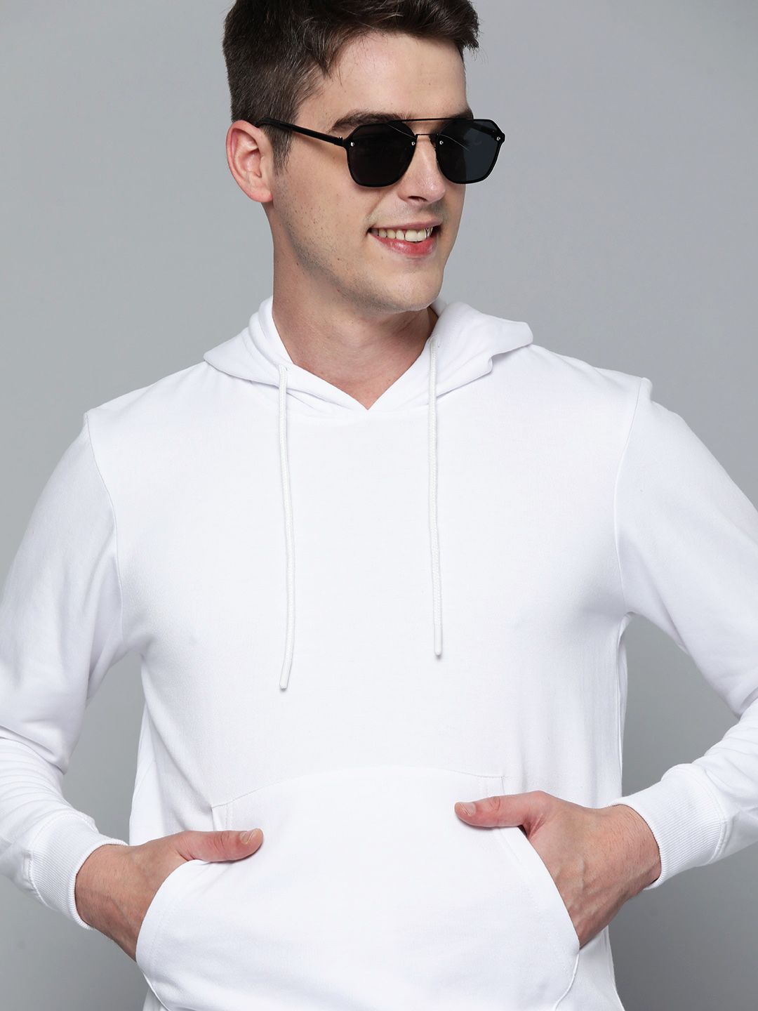 HERE&NOW Men White Solid Hooded Sweatshirt-picture-10