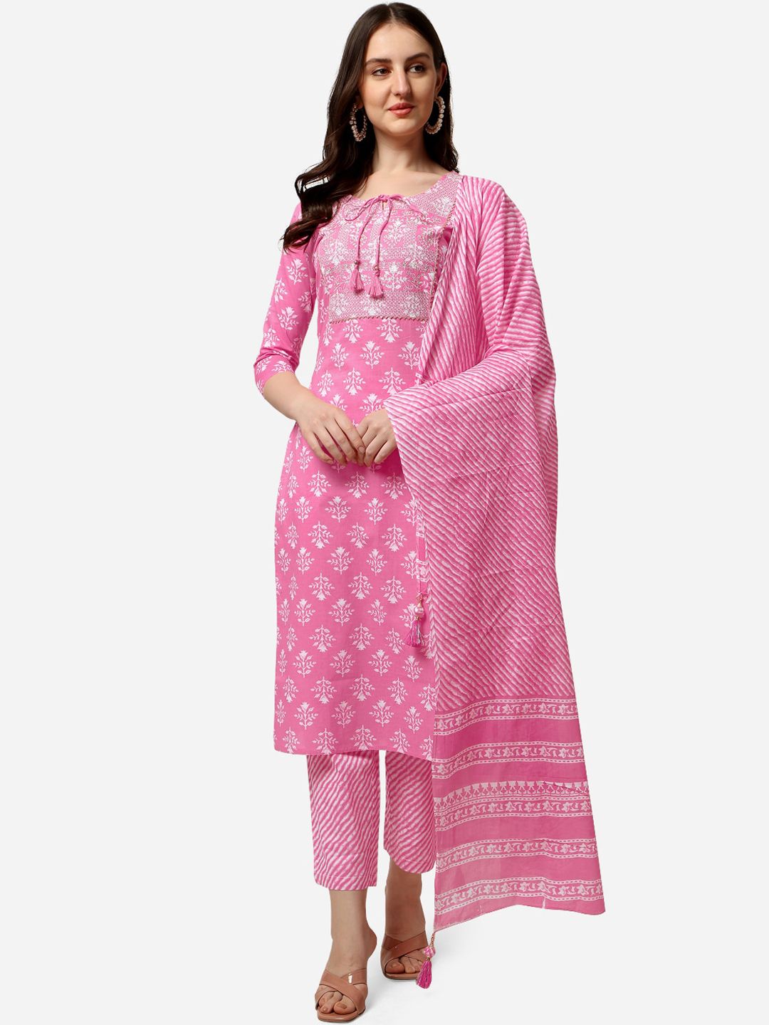 MIRCHI FASHION Women Pink Ethnic Motifs Printed Kurti with Trousers & With Dupatta-picture-15