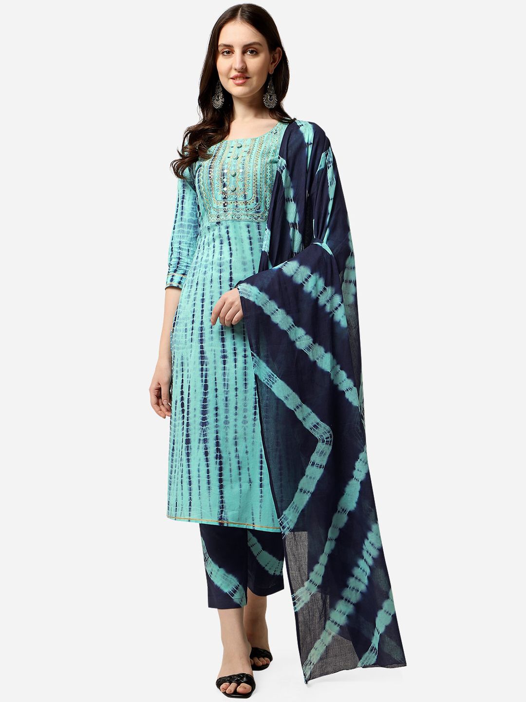 kalini MIRCHI FASHION Women Turquoise Blue Striped Pleated Sequinned Kurti with Trousers & With Dupatta-picture-34